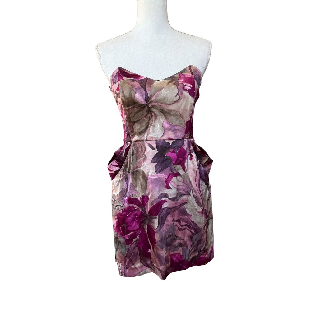 Mason Women Purple Floral 100% Silk Strapless Mini Dress Size 8 Pockets